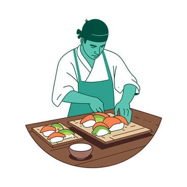 A teal sushi chef is skillfully rolling sushi behind a brown wooden counter. The chef, wearing a traditional white apron and a black headband, is focused on his work. In front of him, there are various colorful ingredients neatly arranged, including slices of orange fish, green avocado, and white rice. The chef is using bamboo mats to shape the sushi rolls, and a small bowl of soy sauce is placed on the counter nearby. The atmosphere conveys a sense of dedication and craftsmanship.