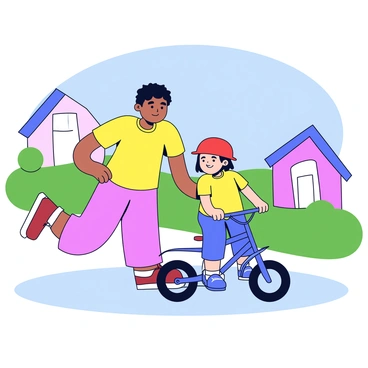 A babysitter wearing a bright yellow t-shirt is standing next to a child on a small blue bicycle. The child is wearing a red helmet and is concentrating, with one foot on the pedal and the other on the ground. The babysitter has one hand on the bike's seat to provide support. Surrounding them are green lawns and simple houses in soft pastel colors. A clear blue sky provides a serene backdrop to this scene of learning.