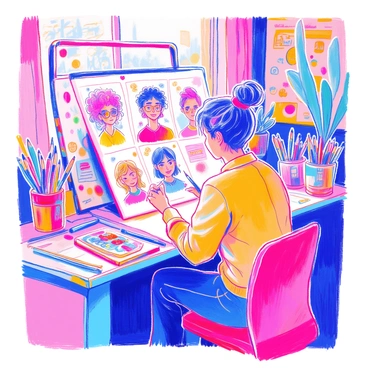 An artist is seated at a colorful workspace filled with art supplies. The artist is sketching various profiles for a dating app campaign on a large sketchpad. Each illustration features fun and quirky characters, such as a person with wild, multicolored hair wearing oversized glasses, and another character with a playful hairstyle and a bright outfit. There are playful doodles and emojis surrounding the sketches, reflecting their personalities. The workspace has a vibrant atmosphere with posters of previous artwork adorning the walls, and a few potted plants adding a touch of greenery.