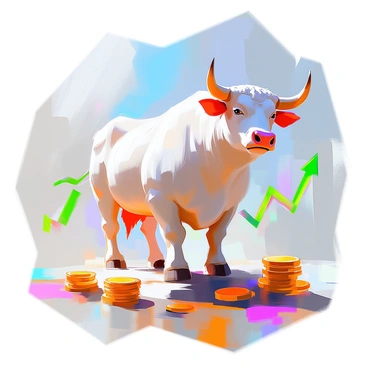 A powerful bull standing confidently, its muscles well-defined and glistening under a bright light. The bull's head is held high, with sharp horns curving upward, symbolizing strength and prosperity. Surrounding the bull are green upward arrows representing stock market growth, intertwining with stylized graphs that show rising trends. The ground beneath the bull is a vibrant mosaic of coins, representing wealth and abundance, and the background features a clear blue sky, emphasizing a sense of optimism and success.
