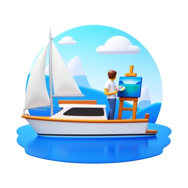 An artist standing on the deck of a yacht, holding a paintbrush and palette. The artist is focused on a canvas that depicts "a vibrant seascape," capturing the "waves and sky." The yacht has white sails and wooden details. Surrounding the yacht are "calm waters" reflecting the "blue sky." The scene is framed by "distant islands" and "fluffy clouds" in the background.