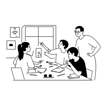 A group of three art students sitting around a large table covered with sketchbooks and art supplies. One student, a young woman with a ponytail, is pointing at a sketch while another student, a tall man with glasses, is writing notes on a notepad. The third student, a person with short hair, is holding a paintbrush and looking thoughtful. Various art materials, such as pencils, paints, and markers, are scattered around them. The room is filled with large windows and posters of famous artworks on the walls.
