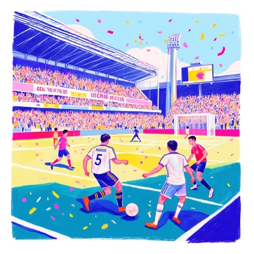 An illustrated scene of a historic Real Madrid match is depicted on the field. The stadium is filled with enthusiastic fans holding banners that show support for the team. In the foreground, a Real Madrid player in a white jersey with "Real Madrid" written on it is seen skillfully dribbling the ball past an opposing player. Another player in a contrasting jersey is attempting to intercept. In the background, the goalpost stands prominently, with a goalkeeper preparing to make a save. The scoreboard displays the current score, while confetti falls from above, capturing the excitement of the moment.