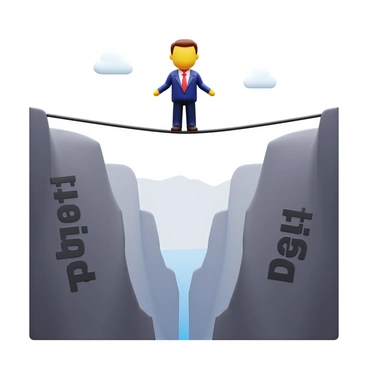 A business person wearing a sharp suit and tie is carefully balancing on a tightrope. Below the tightrope, a vast canyon is prominently displayed, with steep rocky sides. The canyon has a large, bold label "Debt" clearly visible on one of the rock faces. The business person's expression shows concentration as they maintain their balance, and the scene captures the tension of the precarious situation. The background includes a bright sky with a few scattered clouds, emphasizing the height of the tightrope above the canyon.