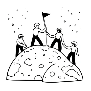 A group of astronauts made from matchsticks is standing on a moon constructed entirely of matchsticks. They are in the process of planting a flag, which is also made of matchsticks, into the surface of the matchstick moon. The surface of the moon is textured with various matchstick shapes, creating a rugged landscape. The astronauts are arranged in a formation, with one holding the flag and others supporting it. The background features a starry sky, depicted with small dots representing stars.