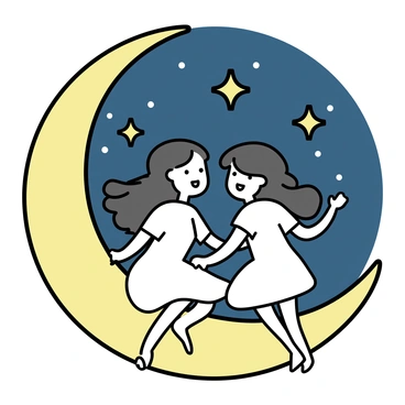 Two identical twins, wearing matching white dresses, are sitting on a crescent moon. The moon is a soft, pale yellow, curving gently in a night sky. Behind the twins, the Gemini constellation is visible, with its two bright stars clearly marked. The twins have long, dark hair flowing in the breeze, and they are smiling at each other, their legs dangling playfully off the moon. The night sky is a deep navy blue, dotted with shimmering stars.