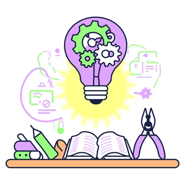 A lightbulb composed of interconnected gears and circuits is hovering above a wooden desk. The bulb glows softly, illuminating the surrounding area with a warm light. Below the lightbulb, the desk is cluttered with various tools, including a pair of pliers and a screwdriver. A notebook lies open on the desk, filled with sketches and notes. In the background, there are outlines of electronic components and wires, subtly suggested without detail.