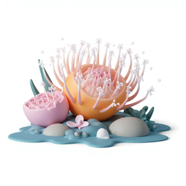 A vibrant sea anemone nestled on a rocky ocean floor, showcasing its intricate texture and rich colors. The anemone's body transitions from a tight bud to a fully opened flower, revealing a multitude of delicate, flowing tentacles that extend outward. Each tentacle is adorned with small, colorful tips, swaying gently as if in a current. The surrounding environment features scattered pebbles and small marine plants, adding depth and detail to the scene. Light filters through the water, casting a shimmering glow on the anemone and enhancing its colors as it blooms.