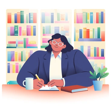 A CEO with dark hair and glasses is sitting at a wooden table in a library. She is wearing a tailored navy blue blazer and a white blouse. Surrounding her are tall shelves filled with books, many of which have titles related to "leadership" and "business." The library has warm lighting, highlighting the rich colors of the book covers. A mug of coffee sits next to her on the table, and she is writing notes in a leather-bound notebook with a gold pen. A small green plant is on the table, adding a touch of nature to the setting.
