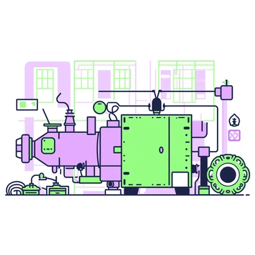 An industrial scene featuring a waste heat recovery unit prominently displayed in the center. The unit is a large metal structure with a complex arrangement of pipes and valves. Adjacent to it, there is a detailed heat exchanger, also made of metal, showcasing its intricate fins and tubing. The background includes a factory setting with high ceilings and large windows allowing light to filter through. Various machinery and equipment are visible, creating a sense of an active industrial environment. There are safety signs affixed to the walls, and the floor is cluttered with tools and materials typical of an industrial workspace.