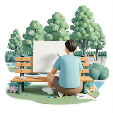 An artist, wearing a light blue shirt and brown shorts, is sitting on a wooden bench in a lush green park. The artist has short black hair and is concentrating on sketching. In front of them is a large 1/3 illustration board, positioned on their lap. The artist is using a pencil, capturing the vibrant scene around them. In the background, there are tall trees with bright green leaves, colorful flowers blooming, and a small pond reflecting the sunlight. A few people can be seen walking in the distance, enjoying the sunny day. The artist's supplies are scattered on the bench beside them, including colored pencils and an eraser.