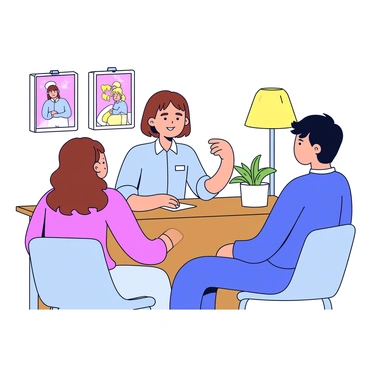 A midwife with short brown hair is sitting at a wooden desk in a cozy clinic. She is wearing a light blue uniform and has a friendly smile while speaking to a couple. The couple consists of a woman with long, wavy brown hair and a man with short black hair. They are seated in front of the desk, looking engaged and attentive. A potted plant is on the desk, and there are colorful educational posters on the walls depicting pregnancy and childbirth. A soft light is coming from a lamp in the corner, adding warmth to the scene.