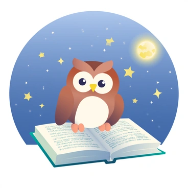 An owl perched on an open book under the starry night sky