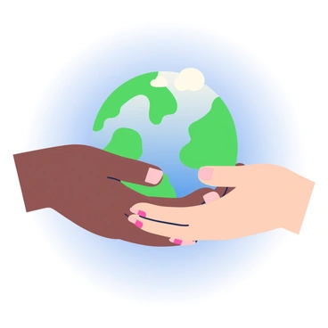 A pair of hands from different ethnicities are gently holding a small, lush planet Earth. One hand is dark brown with neatly trimmed nails, while the other is light beige with painted nails. The planet Earth is vibrant, showcasing green continents and blue oceans, with white clouds swirling around its surface. The background is softly gradient, transitioning from light blue at the top to a deeper shade at the bottom, emphasizing the focus on the hands and the planet they are cradling.