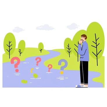 A person with short brown hair and a blue shirt standing on a grassy bank by a flowing river. The river is filled with large, colorful question marks in various sizes, floating gently on the water's surface. The sky above is clear, with a few fluffy white clouds scattered throughout. The person looks thoughtfully at the river, with one hand resting on their chin, contemplating the vibrant question marks. Lush green trees line the opposite bank, adding to the serene scene.