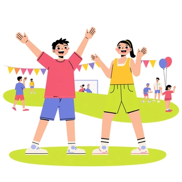 A boy and girl are standing on a grassy field during a school's sports day. The boy is wearing a bright red t-shirt and blue shorts, while the girl is in a yellow tank top and green shorts. Both have wide smiles on their faces, showcasing excitement. The boy is cheering with his arms raised in enthusiasm, and the girl is clapping her hands encouragingly. In the background, colorful banners and balloons are visible, adding to the festive atmosphere of the event. Other children can be seen participating in various sports activities around them.