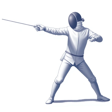 A skilled fencer is captured in a dynamic pose, showcasing their athleticism and precision. The fencer wears a protective uniform with a mask partially lifted, revealing a determined expression. The foil is extended forward, reflecting the momentum from a recent successful attack. The stance is balanced and ready, with one foot slightly forward and the other firmly planted. The background is blurred, emphasizing the fencer and their movement while creating a sense of action and intensity.