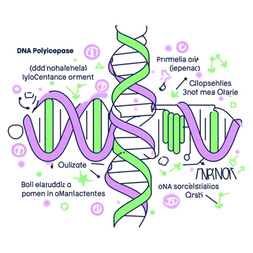 A close-up view of molecular machinery involved in DNA replication. In the center, there is a double helix structure of DNA, with strands unwound and separated at the replication fork. Nearby, numerous proteins and enzymes are visible, including helicase, which is unwinding the DNA strands. DNA polymerase is depicted adding nucleotides to the growing DNA strand, and behind them, a series of primer RNA segments are positioned. The entire scene is rich in molecular details, illustrating the complexity of the replication process at a microscopic scale.