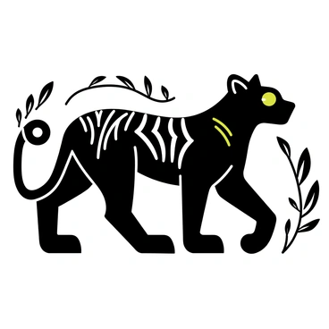 A panther depicted in a tribal art design, featuring bold black and white patterns across its sleek body. The panther has large, piercing green eyes and a strong, muscular build. Intricate geometric shapes and swirls surround the panther, enhancing the overall design. The background incorporates additional tribal elements, creating a striking contrast with the panther’s dark silhouette.