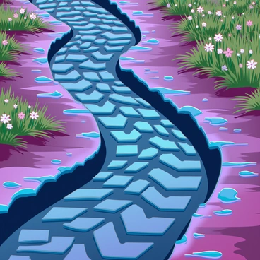 Deep tire tracks carved into the muddy terrain, showing the distinct tread pattern of a motorcycle tire. The wet mud reflects a glistening texture, revealing splashes and clumps that have been displaced by the vehicle's movement. Surrounding the tracks, patches of grass and wildflowers are visible, partially coated in mud. The motorcycle's path winds through the landscape, indicating the direction of travel, while the surrounding environment is marked by the effects of the recent rain, creating a rich and dynamic visual contrast.