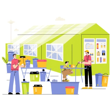 A recycling center with a large building made of green metal, featuring several workstations for processing old batteries. Workers wearing safety gear are actively cutting open batteries, with tools like scissors and screwdrivers in their hands. Colorful bins marked with labels for different battery types are neatly arranged around the area. In the background, a display shows examples of repurposed battery products, such as small lamps and electronic devices. Bright sunlight is streaming through large windows, illuminating the workspace with a vibrant and energetic atmosphere.