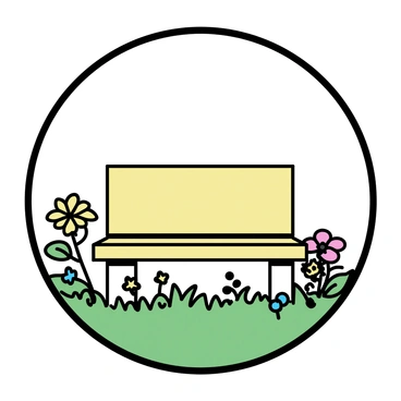A simple round frame surrounds a scene featuring a wooden bench positioned in the center. The bench is made of light-colored wood, with clean lines and a smooth finish. Surrounding the bench is a blooming garden filled with various flowers in vibrant colors, including red roses, yellow daisies, and blue forget-me-nots. Lush green grass forms the base of the garden, and several leafy plants are scattered around, adding to the lively atmosphere. The overall composition focuses on the tranquility of the garden, with the bench inviting anyone to sit and enjoy the beauty of nature.