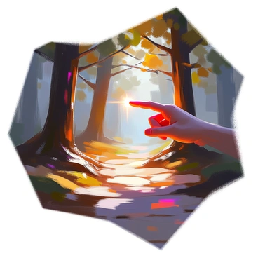 A close-up of a hand with a slender finger extended, casting a soft glow from a small light source. The finger is gently illuminating a narrow, winding path through a dense, dark forest. Surrounding the path are tall trees with thick trunks and intertwining branches, their leaves creating a canopy overhead. Shadows play across the ground, contrasting with the warm light shining from the finger. The atmosphere conveys a sense of mystery as the light reveals just a small section of the surroundings.