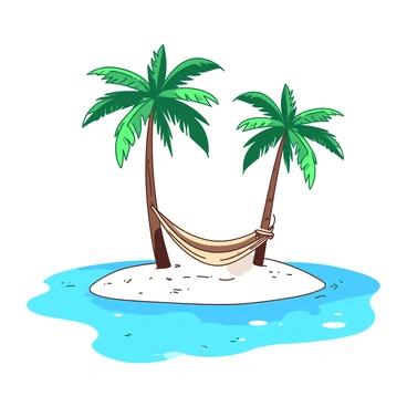 A small tropical island is surrounded by clear blue water, with soft white sand covering the beach. There are several tall green palm trees on the island, their fronds gently swaying in the breeze. Between two of the palm trees, there is a simple, beige hammock hanging loosely. The hammock is slightly curved, indicating the weight of someone resting in it. Above, the sky is bright and sunny, adding warmth to the scene.