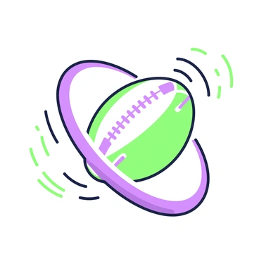 A rugby ball is spinning in mid-air, showcasing its aerodynamic design. The ball is depicted in vibrant detail, with visible stitching and branding. Surrounding the ball, lines of motion blur are present to emphasize its high speed and dynamic movement. The background is minimal to draw focus on the ball's rotation and speed.