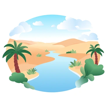 A wide view of the Jordan River flowing through a lush oasis surrounded by a vast desert landscape. The river is tranquil, with clear blue water reflecting the sky. On both sides of the river, there are clusters of tall palm trees and vibrant green vegetation. The desert stretches out in the background, featuring rolling dunes of golden sand under a bright blue sky with scattered fluffy clouds. The contrast between the greenery of the oasis and the arid desert emphasizes the serene beauty of the scene.