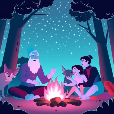 A gathering of forest dwellers, including a wise elder with a long beard and a young child with bright eyes, is sitting around a glowing campfire. The firelight dances on their faces, illuminating the expressions of joy and curiosity. Various woodland creatures, such as a fox and a deer, are nearby, listening attentively. Above them, a starry sky is filled with countless sparkling stars, casting a soft glow on the scene. There are tall, dark trees surrounding the clearing, their silhouettes contrasting against the brilliance of the sky. The atmosphere is warm and inviting as the dwellers share stories, their hands gesturing animatedly.