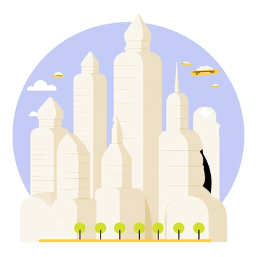 A futuristic cityscape featuring several tall buildings designed in the shape of "cream swirls." The structures have round, flowing contours that mimic the appearance of whipped cream. The color palette consists of soft "creamy" whites and subtle "beige" hues, creating a warm and inviting atmosphere. The sky is a bright "blue," complementing the buildings. There are pathways below lined with small trees that have round, fluffy canopies. A few hover cars can be seen in the air, adding a sense of motion and modernity to the scene.