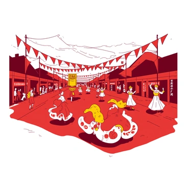 A red street is lined with colorful decorations, including banners and streamers fluttering in the wind. Dancers in vibrant costumes are performing along the sides, showcasing a variety of movements and expressions. Whimsical floats, adorned with intricate designs and bright elements, are parading down the street. The atmosphere is lively with the energy of the festival as people watch and cheer from the sidelines, capturing the essence of celebration.