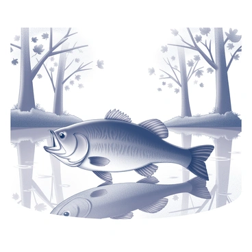 A large-mouth bass is swimming gracefully in the clear water of a lake. The fish has a streamlined body, with its mouth distinctly large and open. Surrounding the lake, there are tall trees whose branches are adorned with leaves of various shapes and sizes. These leaves are falling gently into the water, creating ripples as they touch the surface. The scene conveys a sense of natural harmony with the fish actively navigating its aquatic environment amidst the lush greenery.