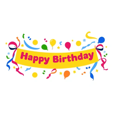 A festive birthday banner that reads "Happy Birthday" in bold, colorful letters. The banner is draped horizontally and is surrounded by vibrant streamers in shades of red, blue, yellow, and green. Various party decorations such as balloons in different shapes and sizes float around the scene, some filled with confetti. The background features a playful arrangement of stars and circles to enhance the celebratory atmosphere.