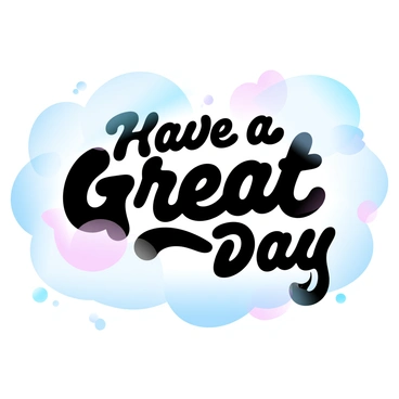 A sky filled with large, colorful balloon letters spelling out the phrase "Have a Great Day". The letters are inflated and appear to float gently in the air. Each letter features a different pastel color, creating a vibrant contrast against a backdrop of soft blue and pink hues. Nearby, fluffy white clouds drift lazily, adding to the lighthearted atmosphere of the scene. The sun's rays illuminate the letters, making them shine and stand out against the sky.