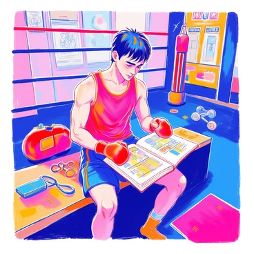 An amateur boxer is seated on a wooden bench inside a gym. He has short black hair and is wearing a red tank top with blue boxing shorts. In his hands, he holds an open tactical book filled with diagrams and notes on fight strategies. Surrounding him are various gym equipment, including a punching bag, weights, and a jump rope. The walls are decorated with posters of famous boxers, and there are colorful mats on the floor. The atmosphere conveys a sense of focus and determination as the boxer intently studies the pages before him.