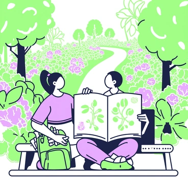 An artist is sitting on a wooden bench in a lush botanical garden, surrounded by a wide variety of plants and flowers. The artist has long hair tied back and is wearing a comfortable shirt and pants. In the artist's lap, there is a large sketchbook opened to a page filled with detailed illustrations of various leaves and blossoms. Beside the artist, there is a green backpack holding various art supplies, including colored pencils and a water bottle. In the background, vibrant flowers bloom in an array of shapes and sizes, while a pathway winds through the garden, framed by tall, leafy trees. Sunlight filters through the foliage, creating dappled light on the ground.