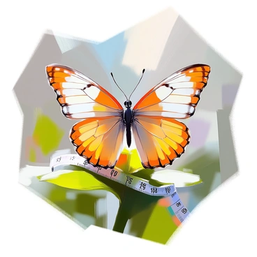 A butterfly with its wings fully spread, displaying intricate patterns resembling measuring tape divisions. The wings are a blend of soft yellow and white tones, with fine black lines marking the divisions and numbers typically found on a tape measure. Each wing features a unique design, complementing the other. The butterfly is perched delicately on a bright green leaf, with blurred foliage in the background, creating a lively atmosphere. Light filters through the leaves, casting subtle shadows on the butterfly's wings.