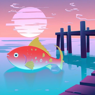 A Magikarp with bright orange and gold scales is swimming gracefully in the water beside a weathered wooden pier. The sunset casts vibrant hues of orange, pink, and purple across the sky, reflecting beautifully on the calm surface of the water. The pier is partially submerged, with a few wooden beams jutting out and creating shadows in the water. Silhouettes of small fish can be seen swimming near the Magikarp, and wispy clouds in the sky add depth to the tranquil scene. The atmosphere is serene and evokes a sense of calmness as the day transitions to night.