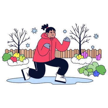 A person wearing a bright red winter jacket, black leggings, and insulated boots is performing squats in a snow-covered garden. The snow blankets the ground, covering patches of green grass and colorful flower beds. Fluffy snowflakes gently fall around them, creating a winter wonderland atmosphere. In the background, there are leafless trees dusted with snow and a wooden fence partially buried in the white snow. The person has a determined expression, and their breath is visible in the cold air.