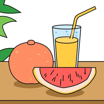 A bright, playful still life arrangement on a wooden table. There is a whole pink grapefruit with a smooth, dimpled skin, sitting next to a half-peeled grapefruit that reveals its juicy segments. Nearby, there is a clear glass filled with freshly squeezed grapefruit juice, with condensation forming on the outside. The glass has a straw with a playful bend at the top. The background includes a few green leaves, adding a touch of freshness to the scene.
