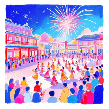 A vibrant imperial festival is taking place in a grand public square. Groups of dancers are adorned in intricate costumes featuring bright colors and elaborate patterns, showcasing traditional moves. Musicians are positioned nearby, playing festive instruments that add to the lively atmosphere. In the sky above, an array of fireworks bursts in brilliant colors, illuminating the scene with flashes of red, blue, and gold. Festive banners and decorations are strung across the square, creating a sense of celebration. Spectators are gathered, enjoying the festivities and contributing to the joyful ambiance.