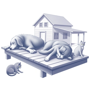 Two farm dogs are napping lazily on a rustic wooden porch that is attached to a farmhouse. One dog is lying on its side with its eyes closed, while the other is sprawled out with its paws stretched out comfortably. The dogs have shaggy fur, and their bodies are relaxed against the warm wood of the porch. Nearby, a cat is sitting with its tail curled around its paws, observing the surroundings. The cat has a sleek body and is grooming itself, with its eyes half-closed in a state of contentment. The farmhouse in the background features a simple design with a pitched roof and a couple of windows. The setting conveys a tranquil, rural atmosphere.