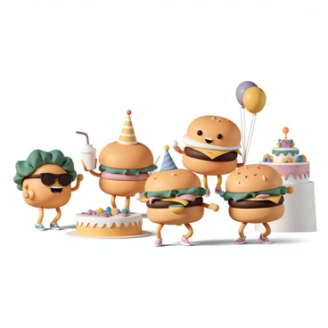 A group of anthropomorphic burgers is gathered together in a lively setting. The first burger is topped with lettuce and tomato, wearing sunglasses and holding a drink with a straw. Next to it, a cheeseburger adorned with a slice of cheese and pickles is wearing a party hat and dancing joyfully. Another burger, decorated with onions and a ketchup smile, is standing by a festive table stacked with colorful party snacks and balloons. In the background, a burger is playing music from a small speaker, while a fourth burger, sporting a bowtie, is ready to cut a cake shaped like a giant burger. Each burger has arms and legs, and they all appear to be having a great time celebrating together.