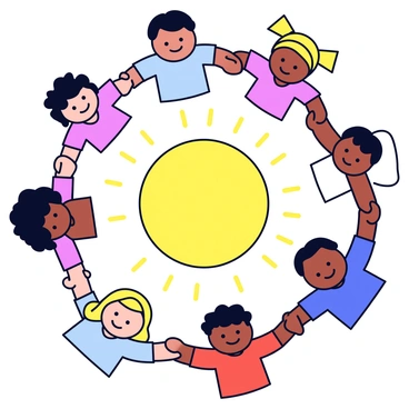 A circle of diverse people holding hands. Each person has a unique outfit representing different cultures. In the center of the circle is a bright, glowing orb of light. The orb emits soft rays that extend outward, illuminating the faces of the people. The background is simple to emphasize the circle and the light.
