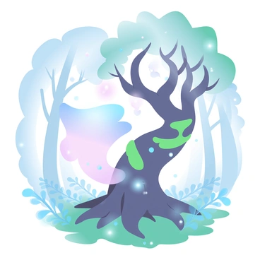 A mystical forest spirit is emerging from an ancient tree with a gnarled trunk and thick, twisting roots. The spirit has a flowing form, adorned with soft, ethereal tendrils that blend with the surrounding environment. The tree is covered in vibrant green moss and small patches of luminescent fungi. Glowing fireflies are fluttering around the spirit, creating a warm, enchanting atmosphere. The forest background is filled with tall, shadowy trees and a carpet of delicate ferns. A soft, diffused light filters through the canopy, highlighting the magical scene.