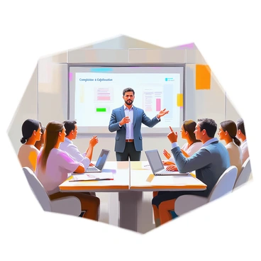 An instructor with medium skin tone and short black hair stands at the front of a modern conference room. He is dressed in a professional suit and is engaged in explaining compliance regulations to a group of attentive employees. The employees, a diverse group of individuals, are seated around a large rectangular table with notepads and laptops in front of them. A screen behind the instructor displays a presentation with key compliance points. The atmosphere is focused and interactive, with employees raising hands to ask questions.