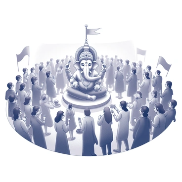 A large gathering of people celebrating the Ganesha festival. The crowd is wearing bright and colorful attire, with various patterns and fabrics. Individuals are engaged in joyful activities, some are dancing, while others are preparing offerings for Ganesha. In the center, there's a beautifully adorned idol of Ganesha with intricate decorations. Surrounding the idol, there are traditional decorations like flowers and banners. The atmosphere is lively and filled with energy, showcasing the spirit of the festival.