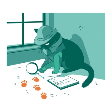 A teal cat wearing a small gray detective's hat and a tiny trench coat is crouching down on a dusty floor. The cat has its nose close to a set of orange paw prints that lead away into the shadows. There is a magnifying glass held in one paw, which it is using to examine the footprints closely. Nearby, a notepad and pencil rest on the floor, suggesting that the cat is taking notes on its findings. The atmosphere conveys a sense of mystery as light filters through a nearby window, casting soft shadows on the dusty floor.